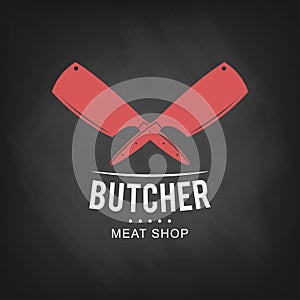 Butcher meat shop logo design. Retro butcher shop icon on chalkboard background