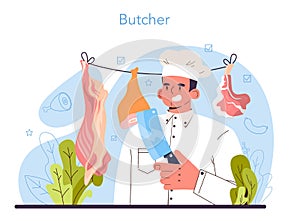 Butcher or meatman concept. Fresh meat and semi-finished products