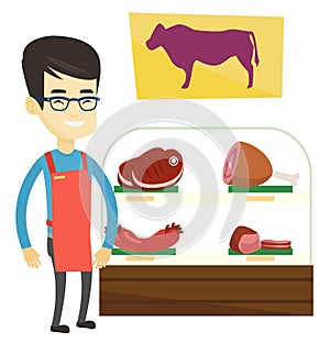 Butcher offering fresh meat in butchershop.