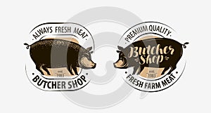 Butcher shop, butcher logo. Pig, pork label. Vector illustration