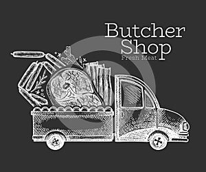 Butcher shop delivery logo template. Hand drawn vector truck with meat illustration. Engraved style retro food design