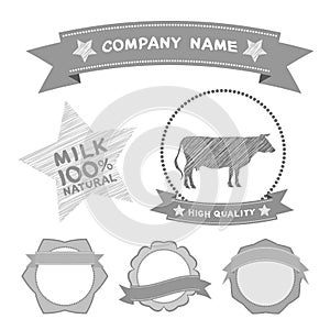 Butcher shop labels and design elements Farm, cow milk Diagram and Design Elements in Vintage Style. Vector