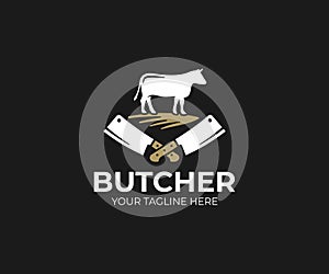 Butcher shop logo template. Cow and meat cleaver knife vector design