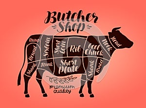 Butcher shop, meat cut charts. Beef, cow, steak concept. Vector illustration
