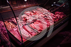 A butcher shop`s full-filled meat window