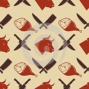 Butcher shop seamless pattern with Raw Pork leg
