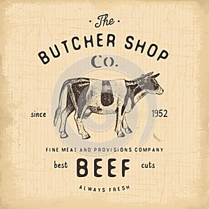 Butcher Shop vintage emblem beef meat products, butchery Logo template retro style. Vintage Design for Logotype, Label, Badge and