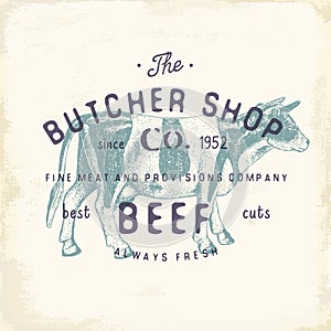 Butcher Shop vintage emblem beef meat products, butchery Logo template retro style. Vintage Design for Logotype, Label, Badge and