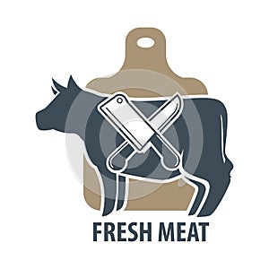 Butcher template logotype sign with cow and two crossed meat knives
