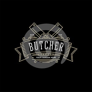 Butcher vintage logo on ribbon back vector illustration