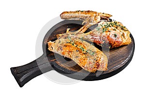 Butchered roast goose, breast fillet, wing, leg. Isolated on white background. Top view.