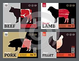 Butchery labels, and design elements. Farm animal silhouettes and icons