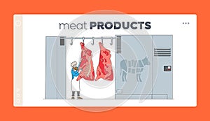 Butchery Manufacture Industry Landing Page Template. Butcher Character Stand at Cow Carcass Hang on Hook at Meat Factory