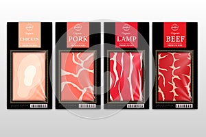 Butchery modern style labels. American (US) cuts of beef, chicken, pork and lamb diagrams