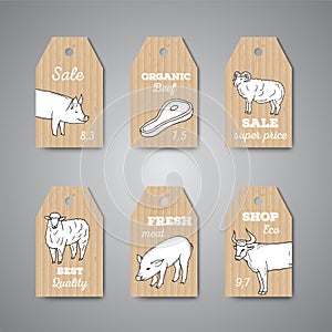 Butchery shop price tags and labels.