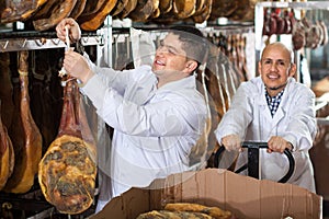 Butchery technologists in white gown checking joints of iberico