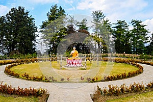 Butha statue in a garden with plants