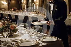 Butler Serving Elegant Fivecourse Meal At Gala. Generative AI