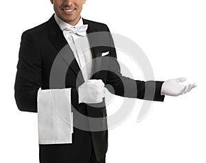 Butler with towel on white background, closeup