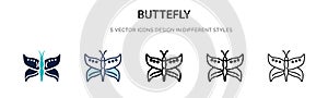 Buttefly icon in filled, thin line, outline and stroke style. Vector illustration of two colored and black buttefly vector icons