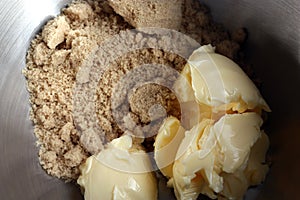 Butter and brown sugar in mixing bowl