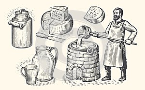 Butter and cheese production concept. Farm worker making organic dairy food. Sketch set vintage vector illustration