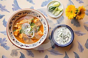 butter chicken in an earthenware dish with a side of cucumber raita