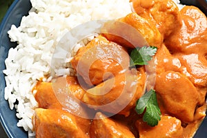 Butter chicken with rice in bowl. Traditional indian Murgh Makhani