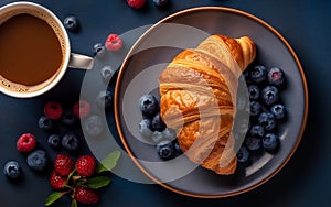 Butter croissant on a plate with berries and a cup of coffee on a dark blue background. Top view of French pasrty on