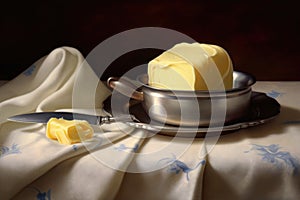 butter curl with a butter dish and knife in soft focus