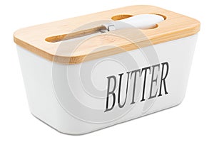 Butter Dish. Porcelain or ceramic butter dish with bamboo lid. Covered white dish with butter knife for countertop