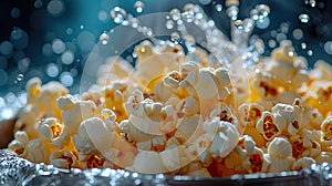 Butter-drenched popcorn kernels popping out of a pan, creating an enticing image that evokes the j