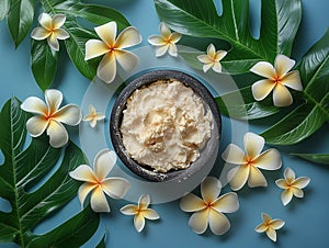 butter karite young leaves of the plant, natural cosmetics concept