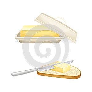 Butter or margarine in butter dish, toast of bread with knife vector illustration