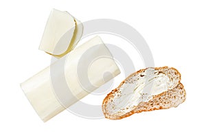 Butter spread and foodstuff toasts Isolated on white background, top view.