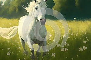 A buttercup field is traversed by a unicorn in canter