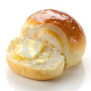 Buttered dinner roll isolated on white background