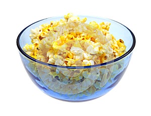 Buttered popcorn in blue bowl