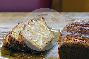 Buttered and sliced pound cake