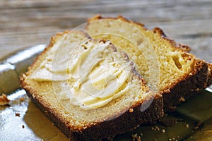 Buttered and sliced pound cake