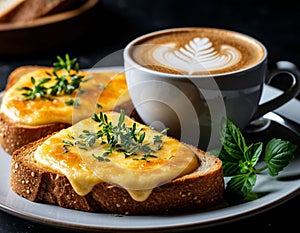 Buttered toast and cappuccino for breakfast. photo