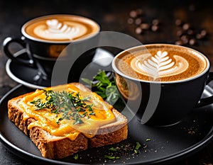 Buttered toast and cappuccino for breakfast. photo