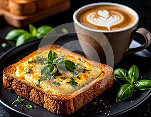 Buttered toast and cappuccino for breakfast. photo