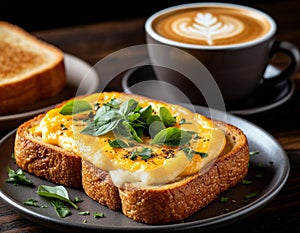 Buttered toast and cappuccino for breakfast. photo