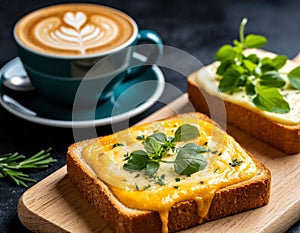 Buttered toast and cappuccino for breakfast. photo