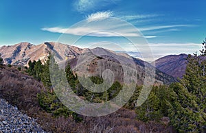 Butterfield Peak views of Oquirrh range toward Provo, Tooele, Utah Lake and Salt Lake County by Rio Tinto Bingham Copper Mine, in