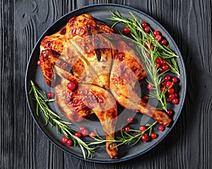 butterflied, spatchcock roast chicken on a plate photo