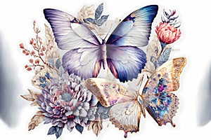 Butterflies art hand drawn painting style on white background