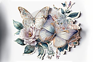 Butterflies art hand drawn painting style on white background