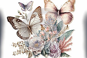 Butterflies art hand drawn painting style on white background